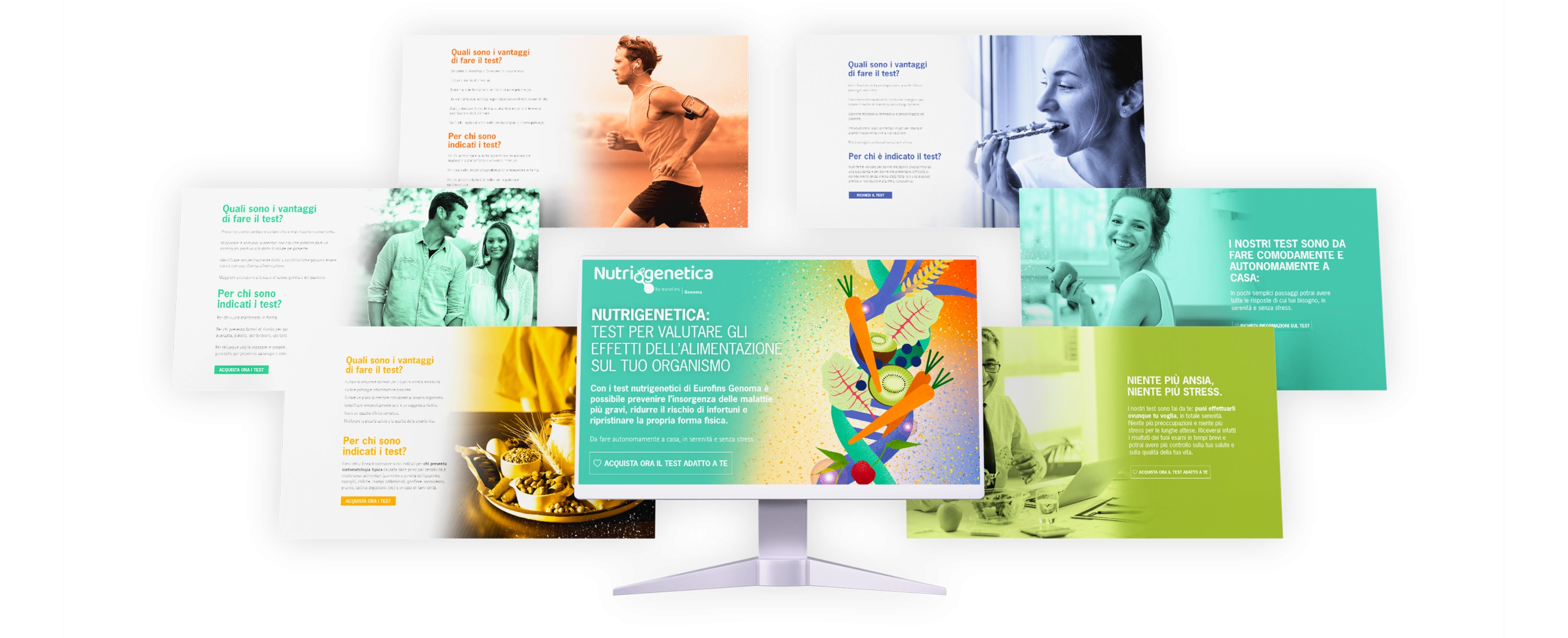 Schermate del sito Nutrigenetica, progetto realizzato da Kobold Studio, mostrando l'interfaccia utente e le funzionalità del sito