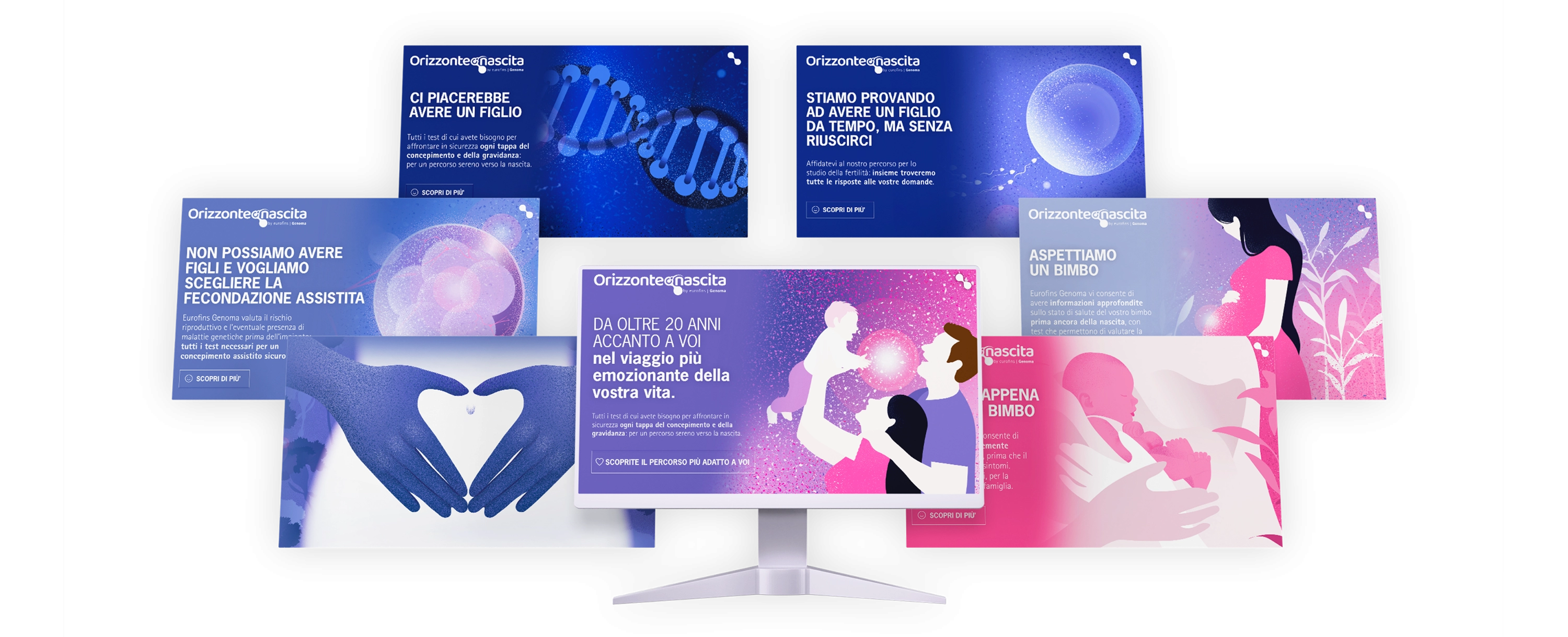 Schermate del sito web di Orizzonte Nascita, progettato da Kobold Studio, evidenziando l'interfaccia e le funzionalità orientate al supporto dei futuri genitori.