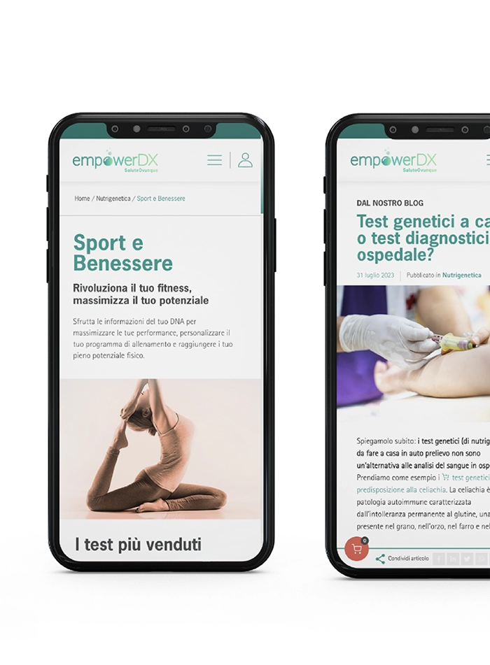 Mockup del sito web per la vendita di test genetici fai da te e blog correlato creati dall'agenzia di marketing e comunicazione Kobold Studio. L'immagine mostra il design del sito e il layout del blog per la promozione dei test genetici.